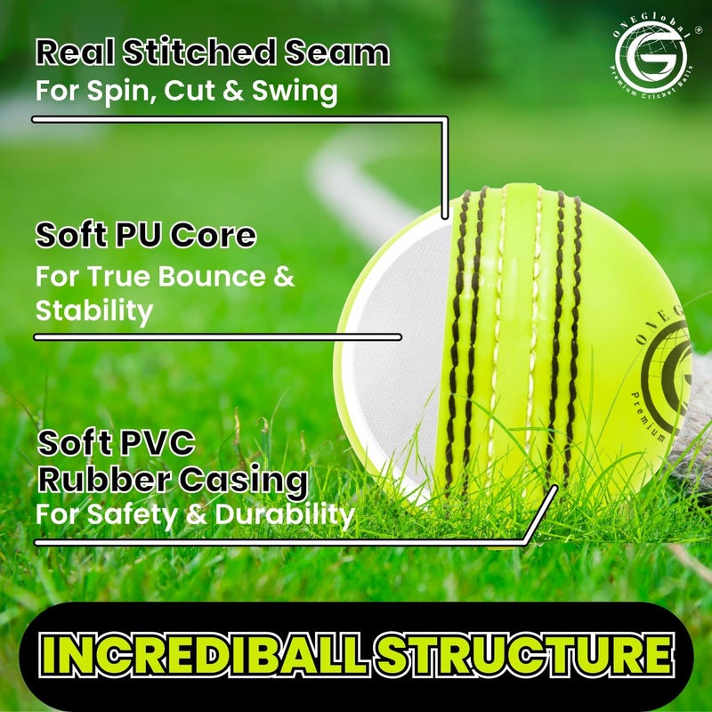 ONEGlobal Soft Rubber Cricket Ball for Practice | Outdoor & Indoor Practice Cricket Ball with Core & Stitched Seam | Realistic Feel, True Bounce & Swing for Practice, Honing Skills & Family Fun - Image 4